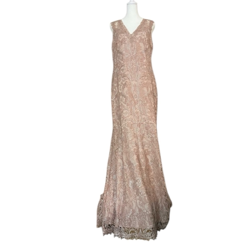 Tadashi Shoji METALLIC CORDED EMBROIDERY ON TULLE V-NECK GOWN Bridal Women’s 12